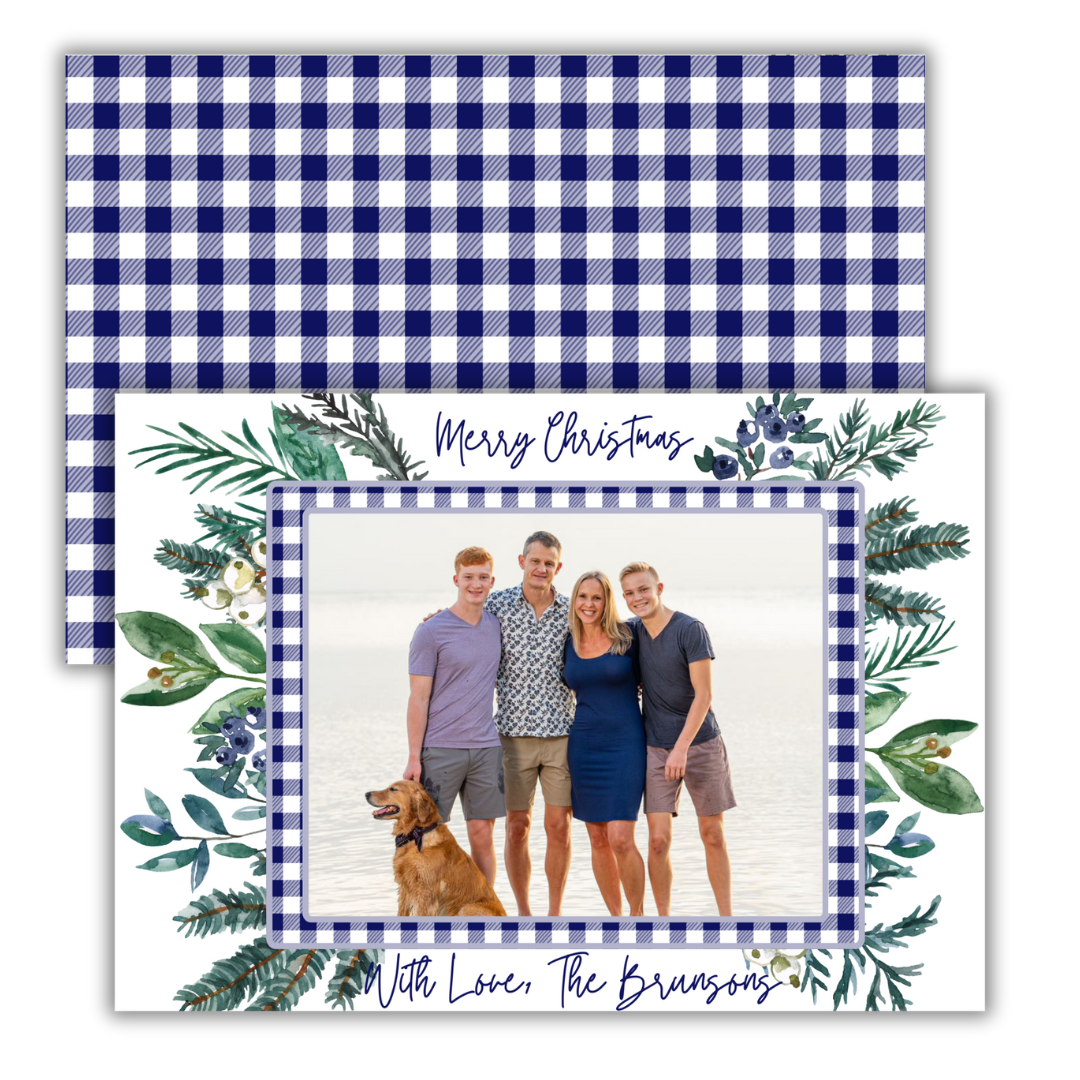 Grand Greenery Blue Gingham Christmas Cards