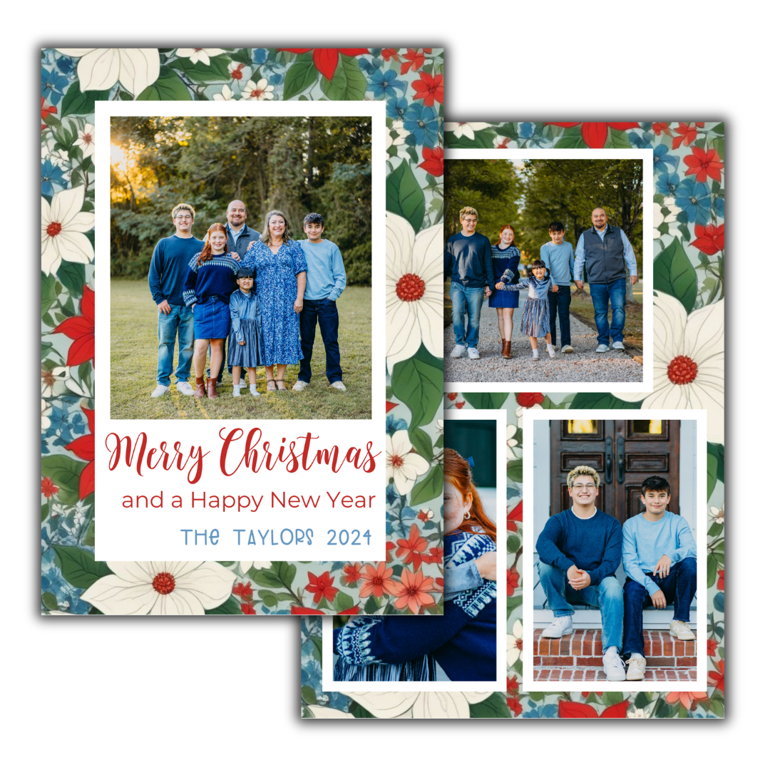 Vintage Blue Floral Portrait Christmas Cards