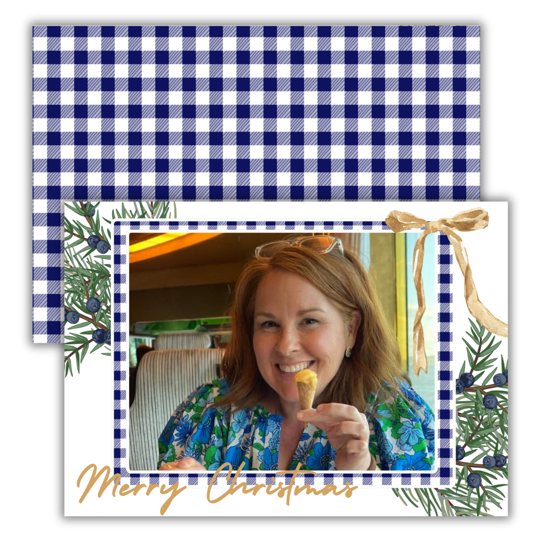 Grand Greenery Blue Gingham Bow Christmas Cards