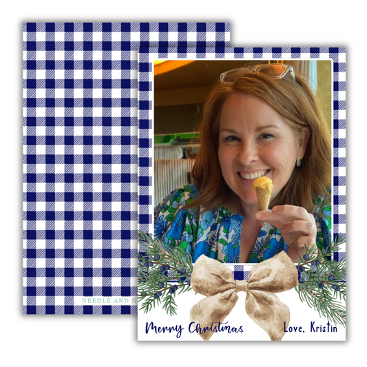 Grand Greenery Blue Gingham Bow Christmas Cards