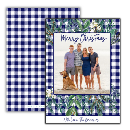 Grand Greenery Blue Gingham Christmas Cards