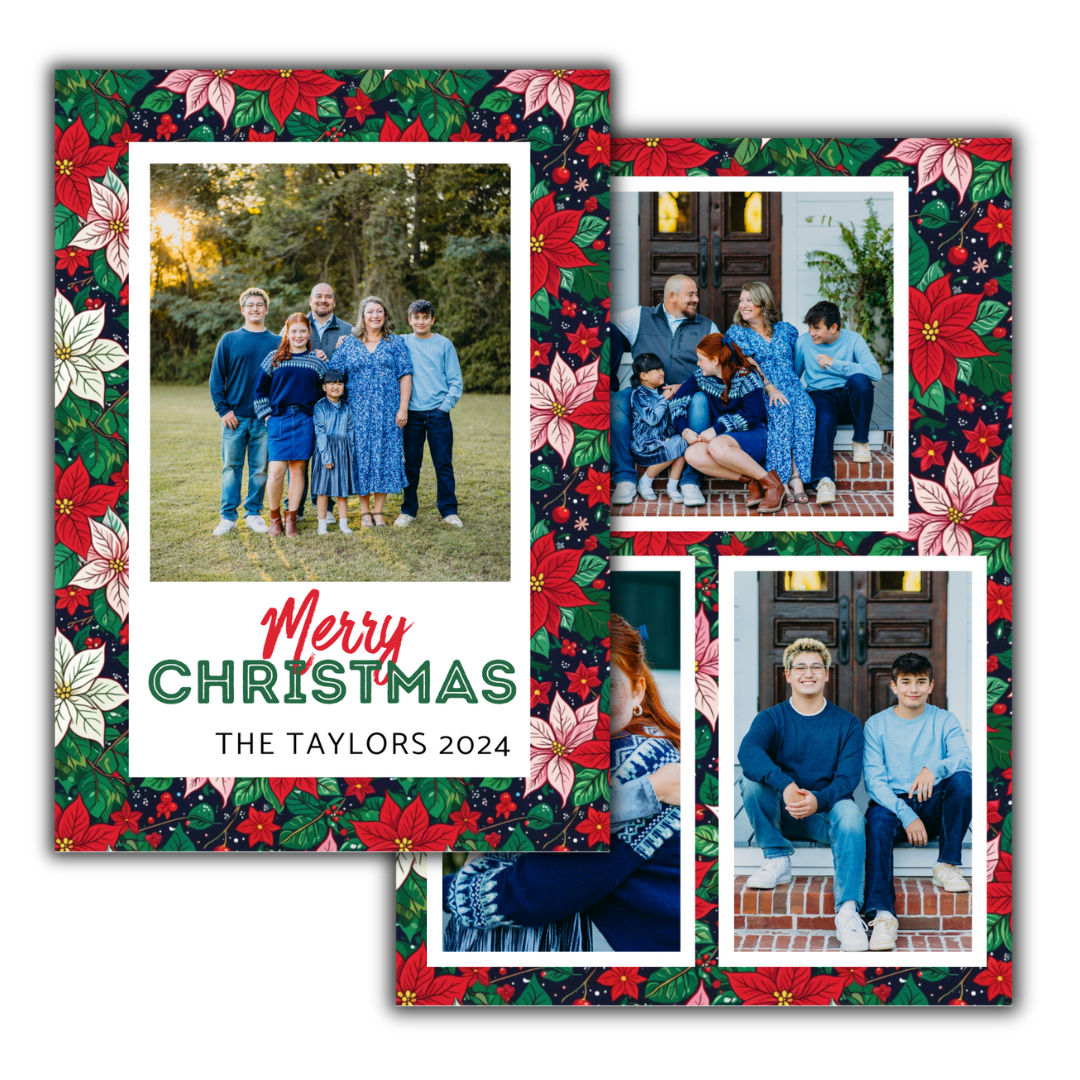 Pink Poinsettia Portrait Christmas Cards