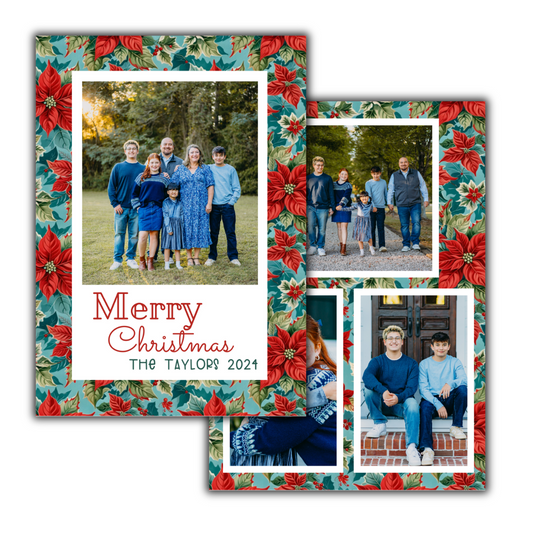 Vintage Turquoise Poinsettia Frame Christmas Cards